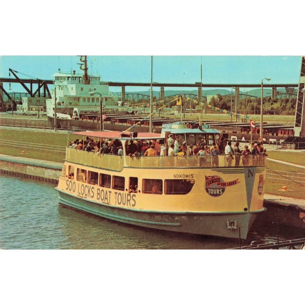 Vintage Soo Locks Boat Tours Nokomis Mac Arthur Lock Michigan Postcard 7151